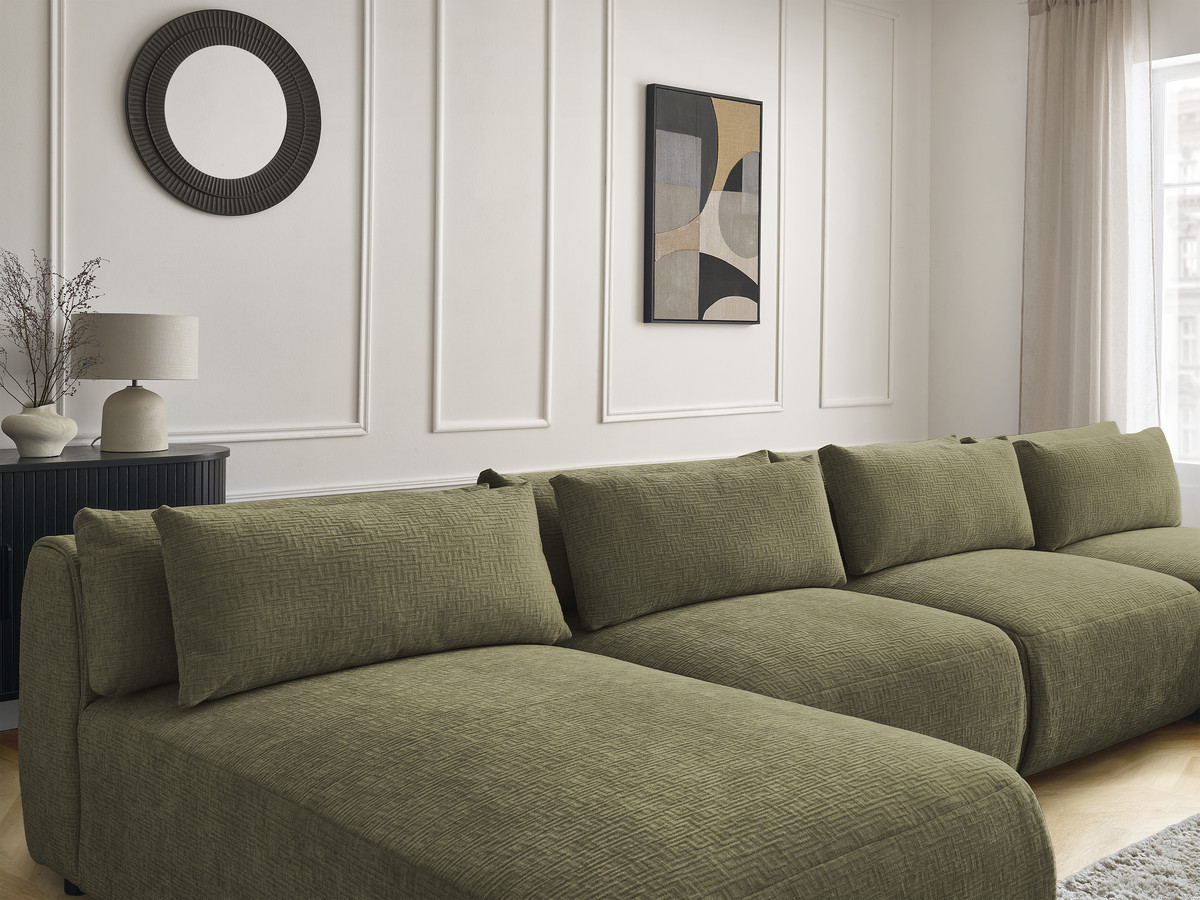 Modulaire vaste panoramabank met hoofdsteunen in JANA-stof met 2 chaise longues en 2 fauteuils