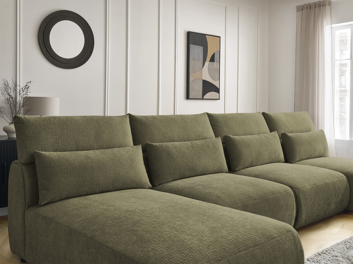 Modulaire vaste panoramabank met hoofdsteunen in JANA-stof met 2 chaise longues en 2 fauteuils