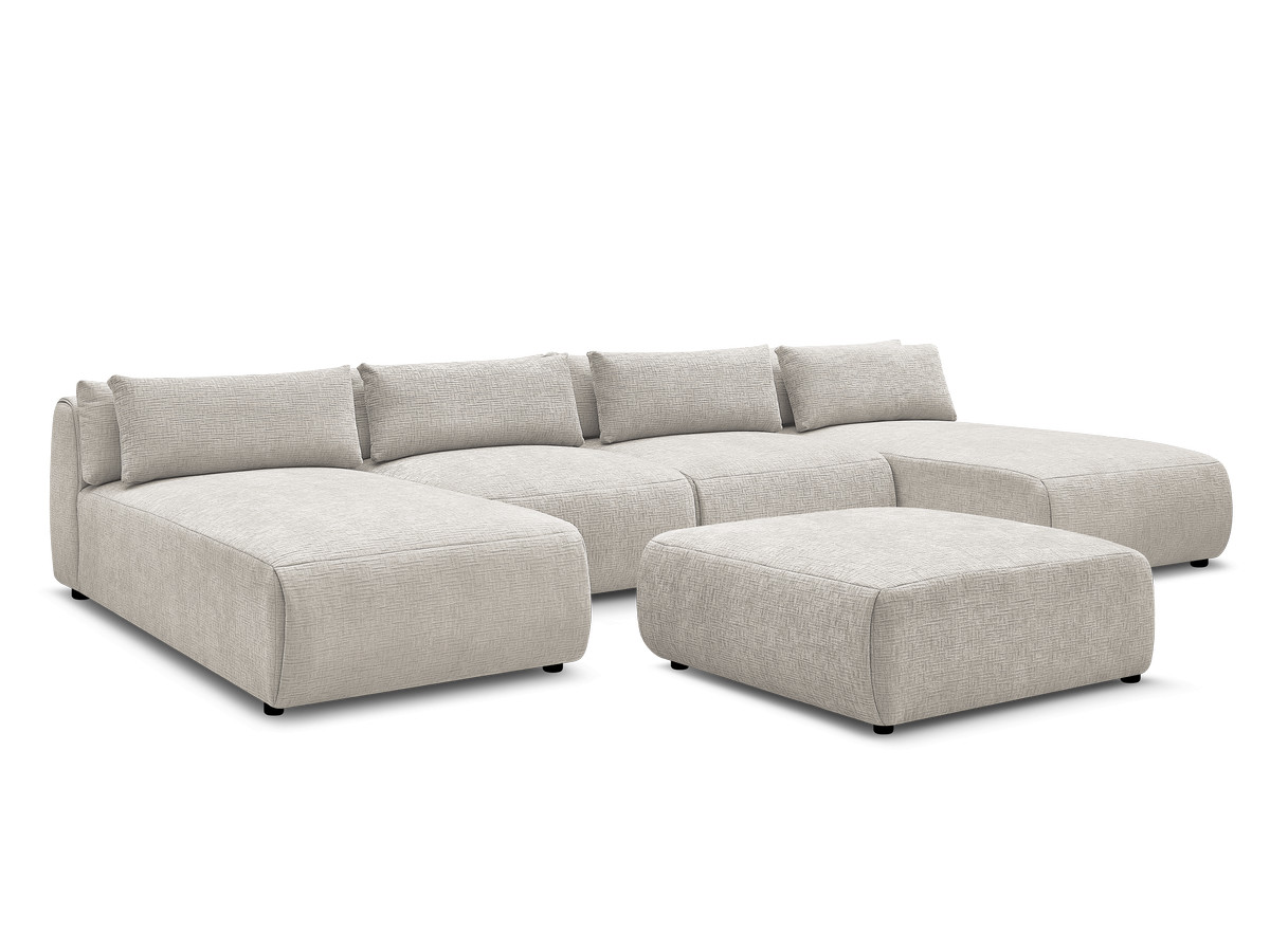 Modulaire vaste panoramabank met hoofdsteunen in JANA-stof met 2 chaise longues, 2 fauteuils en 1 grote poef