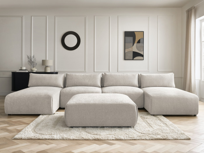 Canapé panoramique fixe modulable avec têtières JANA tissu texturé avec 2 méridiennes, 2 chauffeuses et 1 grand pouf