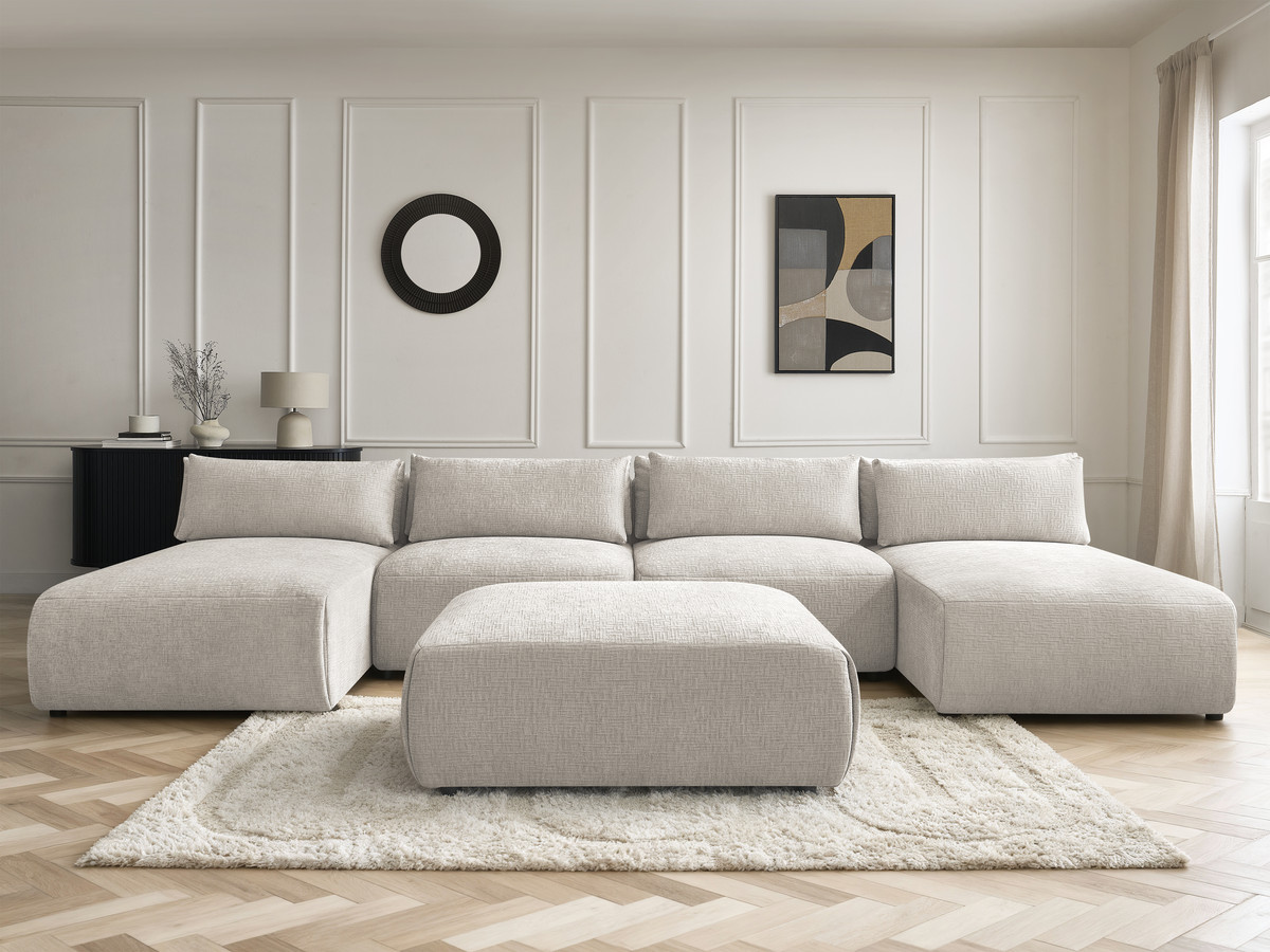 Modulaire vaste panoramabank met hoofdsteunen in JANA-stof met 2 chaise longues, 2 fauteuils en 1 grote poef