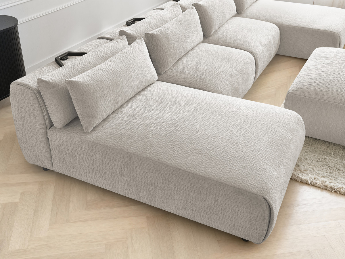 Modulaire vaste panoramabank met hoofdsteunen in JANA-stof met 2 chaise longues, 2 fauteuils en 1 grote poef