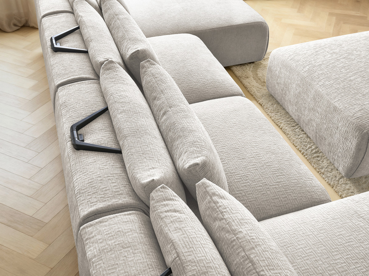 Modulaire vaste panoramabank met hoofdsteunen in JANA-stof met 2 chaise longues, 2 fauteuils en 1 grote poef