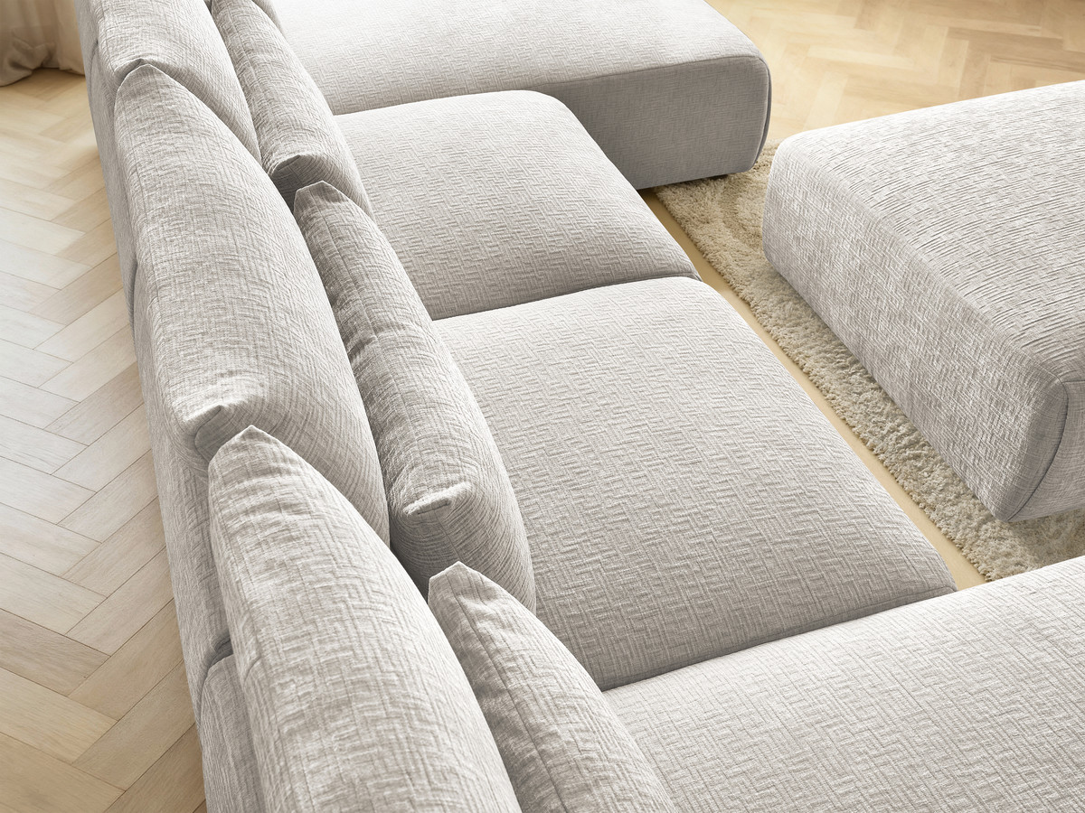 Modulaire vaste panoramabank met hoofdsteunen in JANA-stof met 2 chaise longues, 2 fauteuils en 1 grote poef