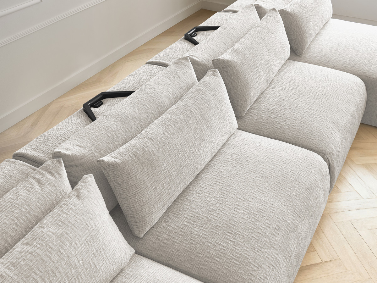 Modulaire vaste panoramabank met hoofdsteunen in JANA-stof met 2 chaise longues, 2 fauteuils en 1 grote poef