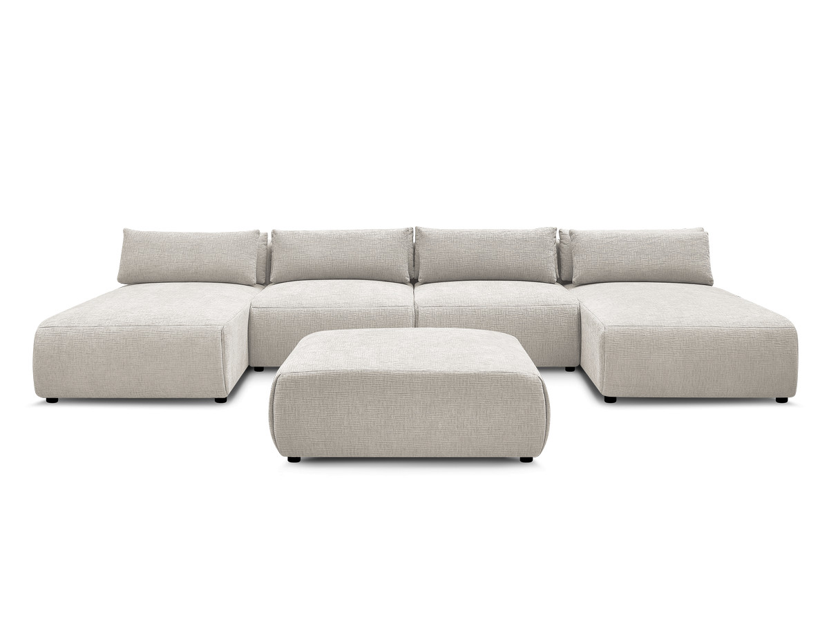 Modulaire vaste panoramabank met hoofdsteunen in JANA-stof met 2 chaise longues, 2 fauteuils en 1 grote poef