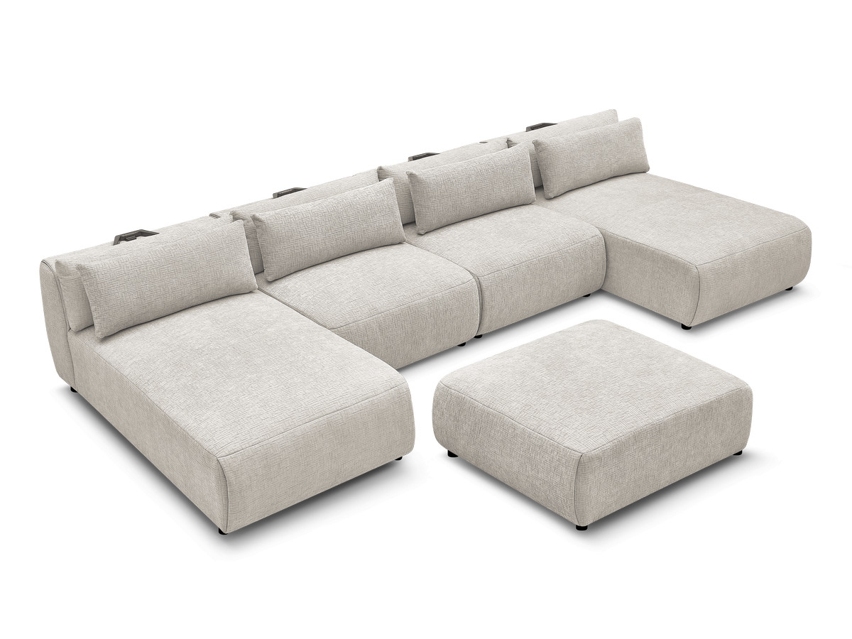 Modulaire vaste panoramabank met hoofdsteunen in JANA-stof met 2 chaise longues, 2 fauteuils en 1 grote poef