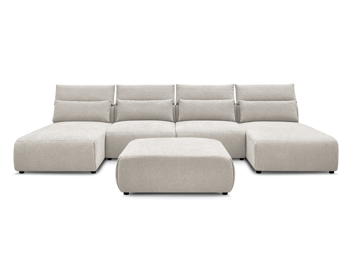 Modulaire vaste panoramabank met hoofdsteunen in JANA-stof met 2 chaise longues, 2 fauteuils en 1 grote poef