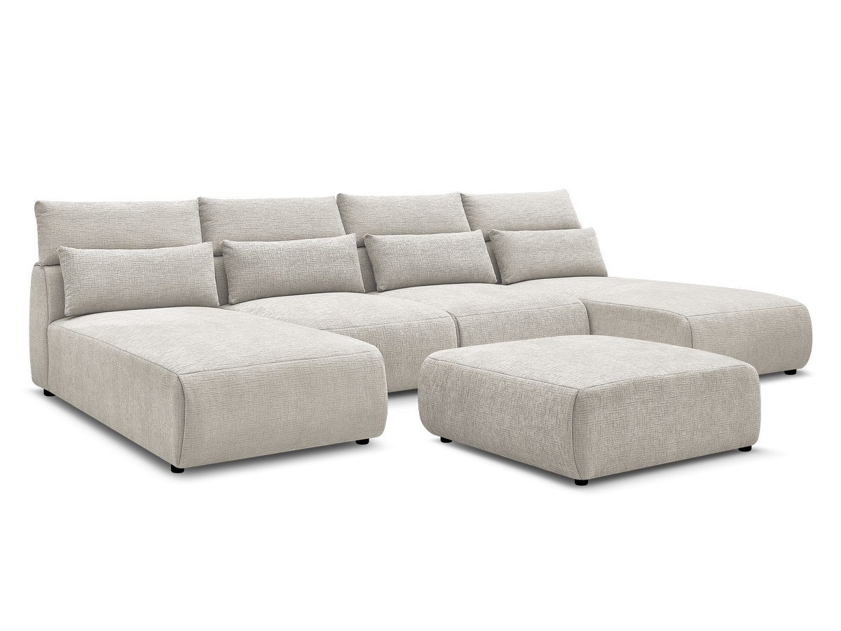 Modulaire vaste panoramabank met hoofdsteunen in JANA-stof met 2 chaise longues, 2 fauteuils en 1 grote poef