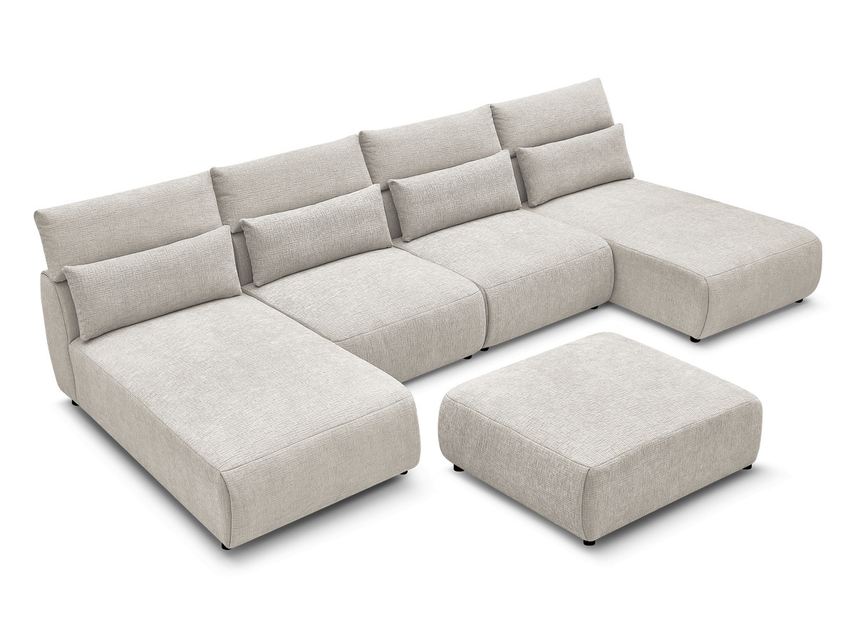 Modulaire vaste panoramabank met hoofdsteunen in JANA-stof met 2 chaise longues, 2 fauteuils en 1 grote poef