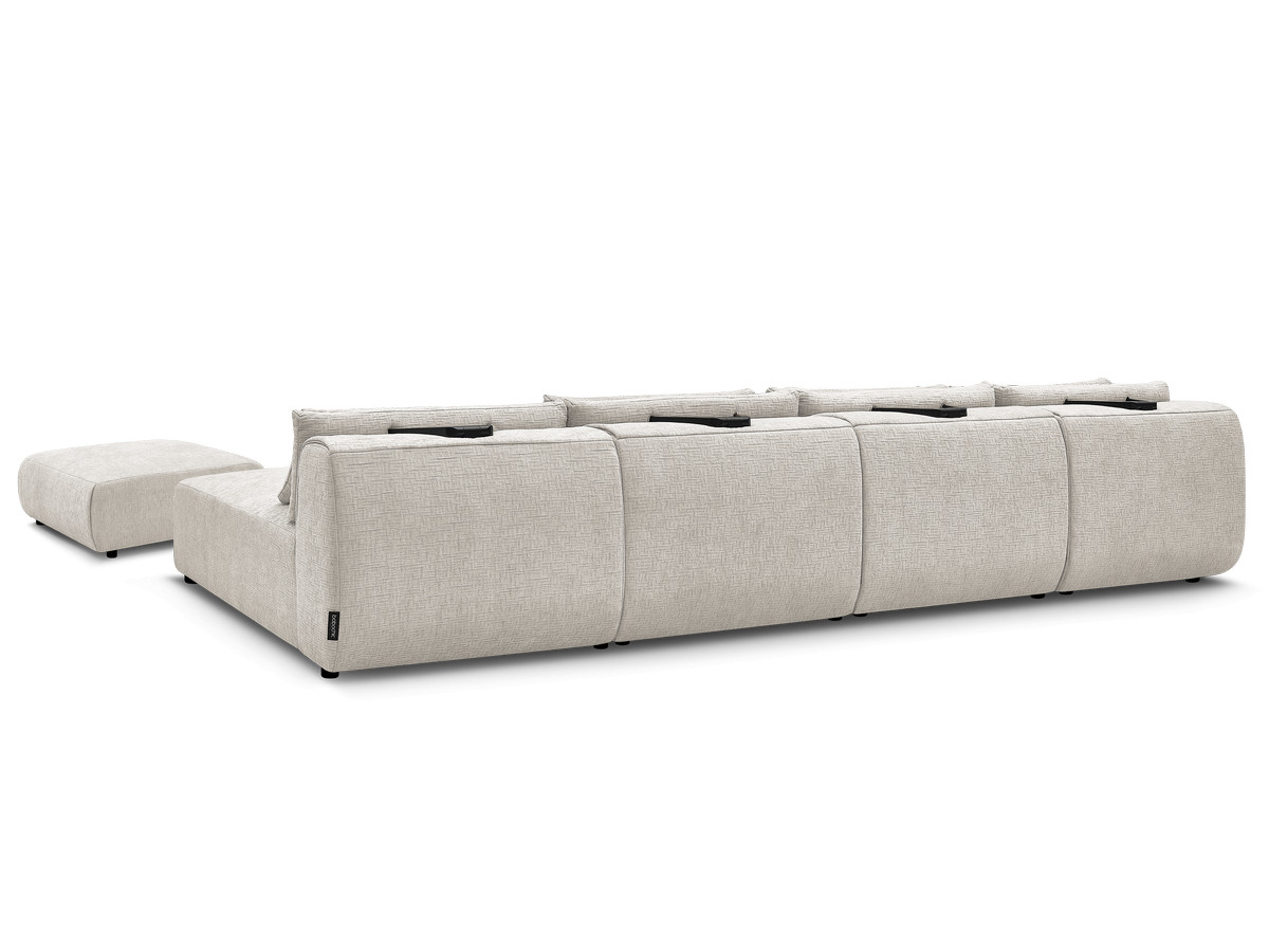Modulaire vaste panoramabank met hoofdsteunen in JANA-stof met 2 chaise longues, 2 fauteuils en 1 grote poef