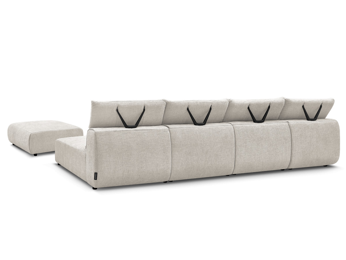 Modulaire vaste panoramabank met hoofdsteunen in JANA-stof met 2 chaise longues, 2 fauteuils en 1 grote poef