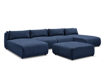 Canapé panoramique fixe modulable avec têtières JANA tissu texturé avec 2 méridiennes, 2 chauffeuses et 1 grand pouf