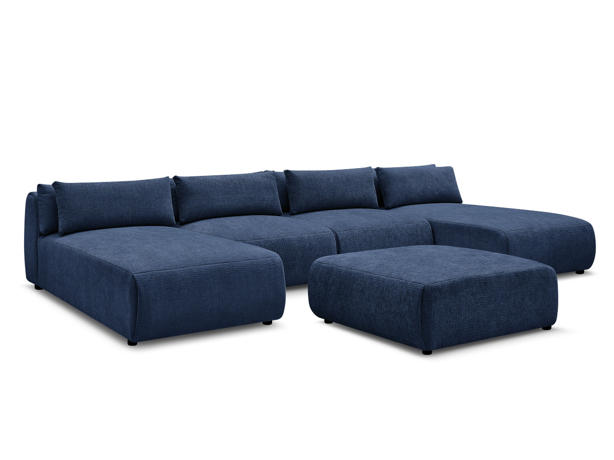 modulaire vaste panoramabank met hoofdsteunen in jana-stof met 2 chaise longues, 2 fauteuils en 1 grote poef gekleurd donkerblauw