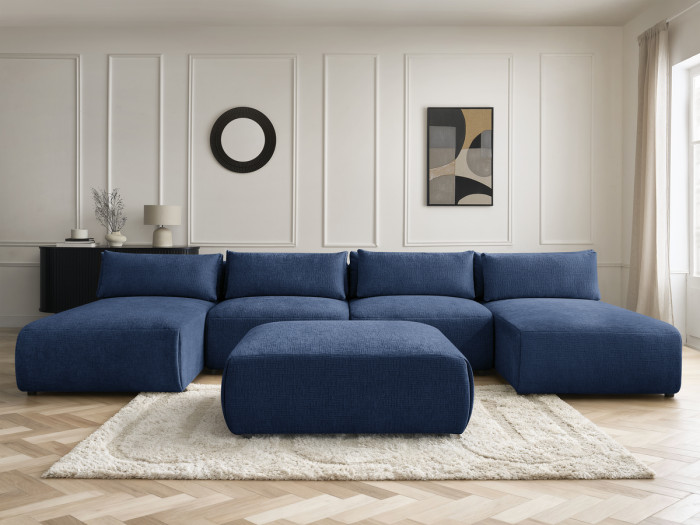 Canapé panoramique fixe modulable avec têtières JANA tissu texturé avec 2 méridiennes, 2 chauffeuses et 1 grand pouf