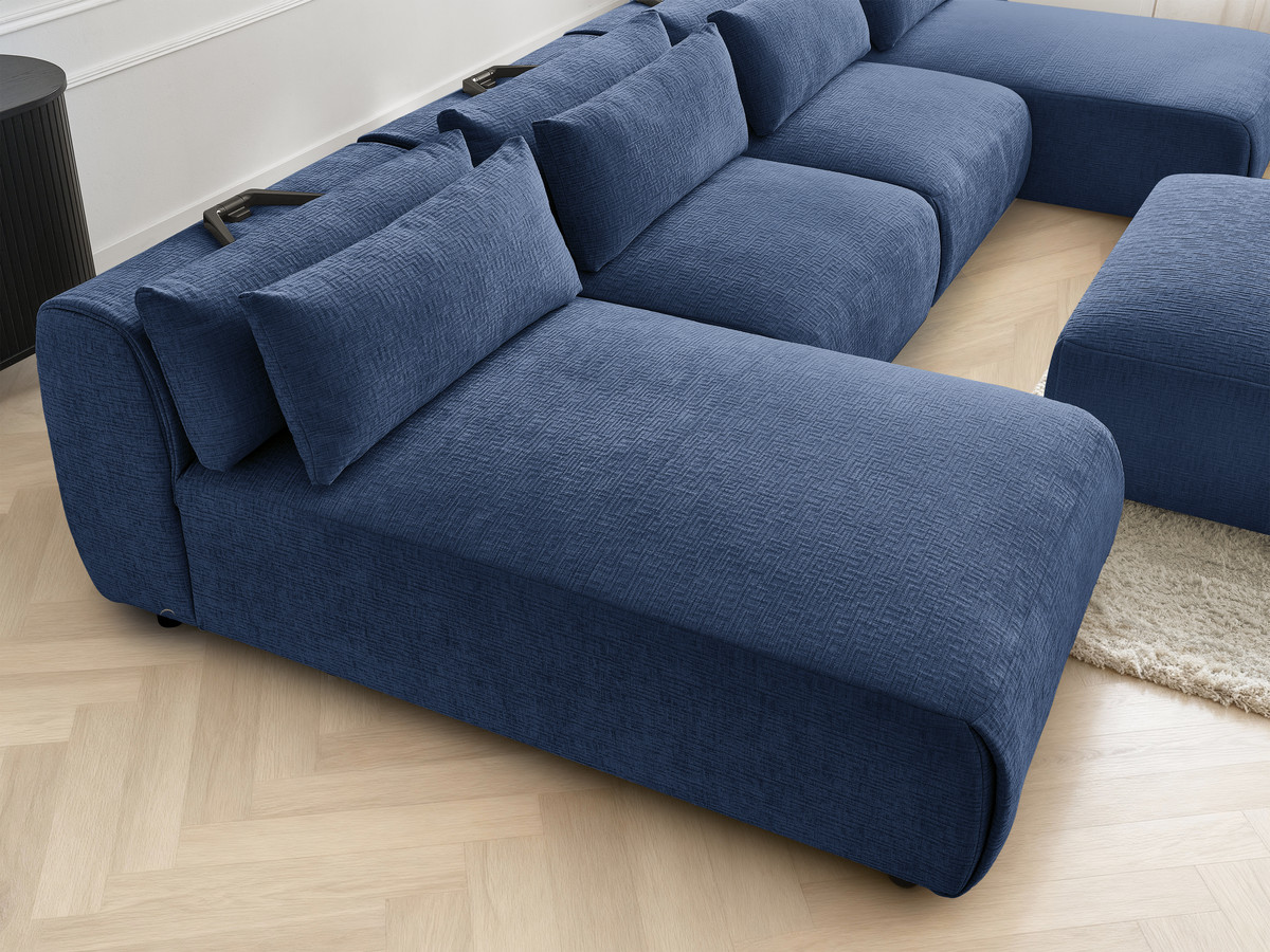 Modulaire vaste panoramabank met hoofdsteunen in JANA-stof met 2 chaise longues, 2 fauteuils en 1 grote poef