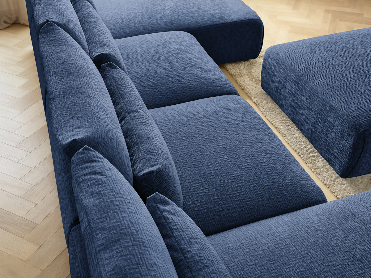 Modulaire vaste panoramabank met hoofdsteunen in JANA-stof met 2 chaise longues, 2 fauteuils en 1 grote poef