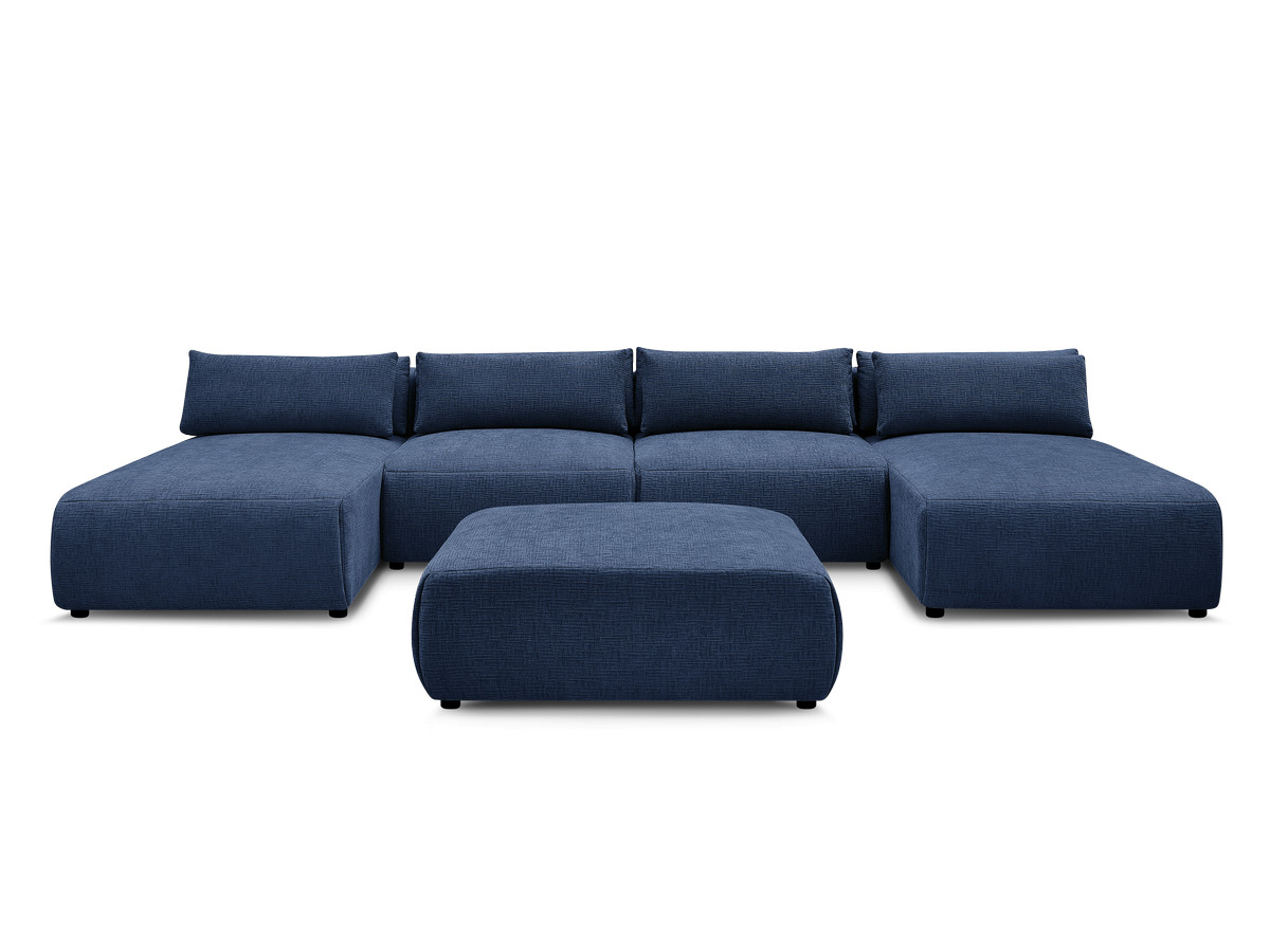 Modulaire vaste panoramabank met hoofdsteunen in JANA-stof met 2 chaise longues, 2 fauteuils en 1 grote poef