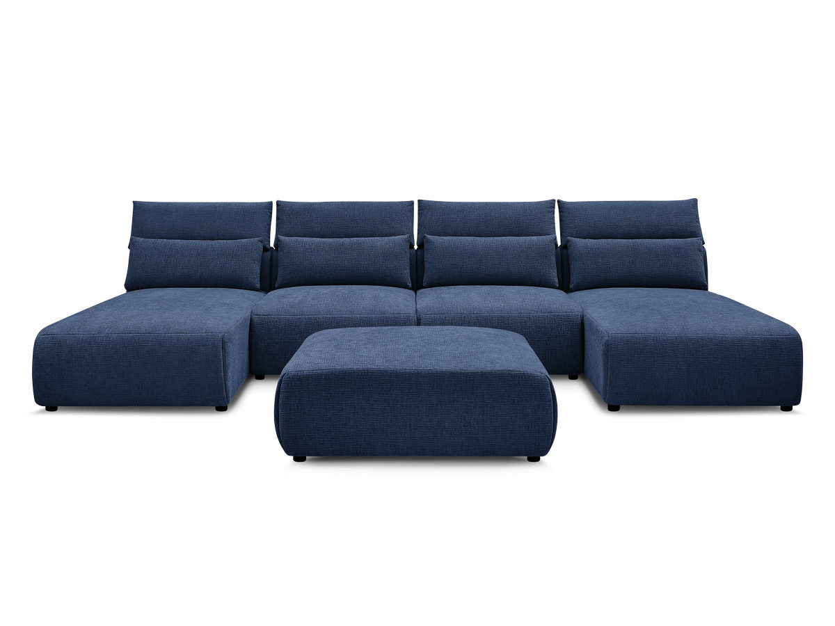 Modulaire vaste panoramabank met hoofdsteunen in JANA-stof met 2 chaise longues, 2 fauteuils en 1 grote poef