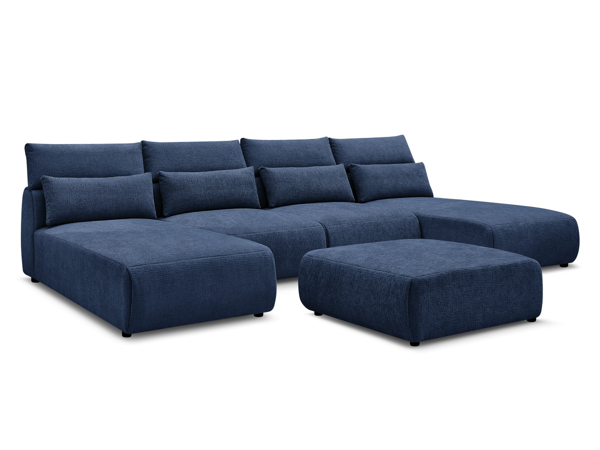 Modulaire vaste panoramabank met hoofdsteunen in JANA-stof met 2 chaise longues, 2 fauteuils en 1 grote poef