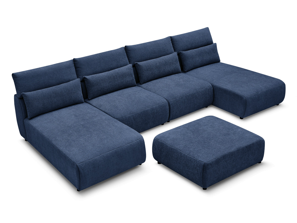 Modulaire vaste panoramabank met hoofdsteunen in JANA-stof met 2 chaise longues, 2 fauteuils en 1 grote poef