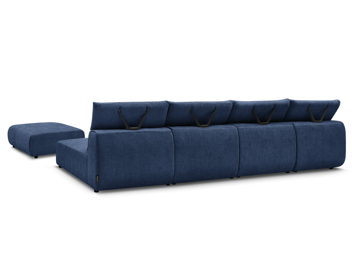 Modulaire vaste panoramabank met hoofdsteunen in JANA-stof met 2 chaise longues, 2 fauteuils en 1 grote poef