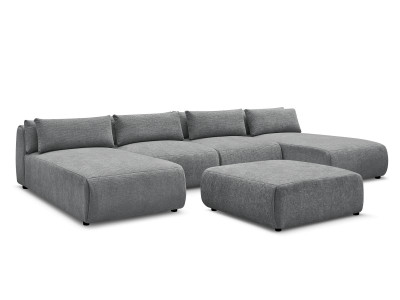 Canapé panoramique fixe modulable avec têtières JANA tissu texturé avec 2 méridiennes, 2 chauffeuses et 1 grand pouf