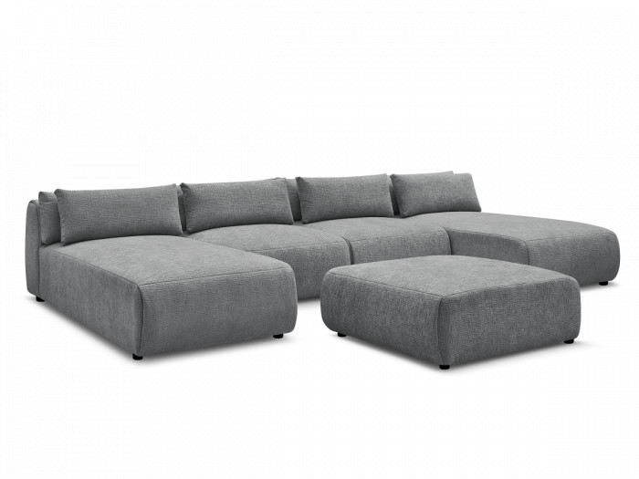 Canapé panoramique fixe modulable avec têtières JANA tissu texturé avec 2 méridiennes, 2 chauffeuses et 1 grand pouf