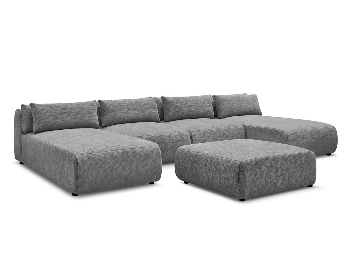 Modulaire vaste panoramabank met hoofdsteunen in JANA-stof met 2 chaise longues, 2 fauteuils en 1 grote poef