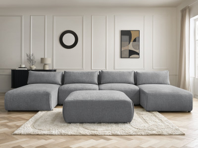Canapé panoramique fixe modulable avec têtières JANA tissu texturé avec 2 méridiennes, 2 chauffeuses et 1 grand pouf