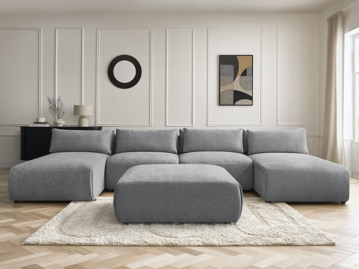 Canapé panoramique modulable avec têtières JANA texturé gris foncé
