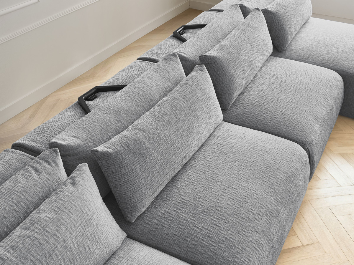 Modulaire vaste panoramabank met hoofdsteunen in JANA-stof met 2 chaise longues, 2 fauteuils en 1 grote poef