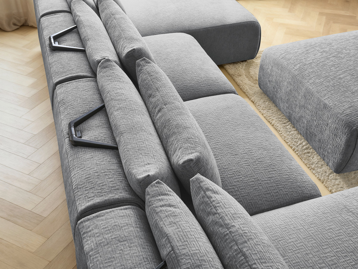 Modulaire vaste panoramabank met hoofdsteunen in JANA-stof met 2 chaise longues, 2 fauteuils en 1 grote poef