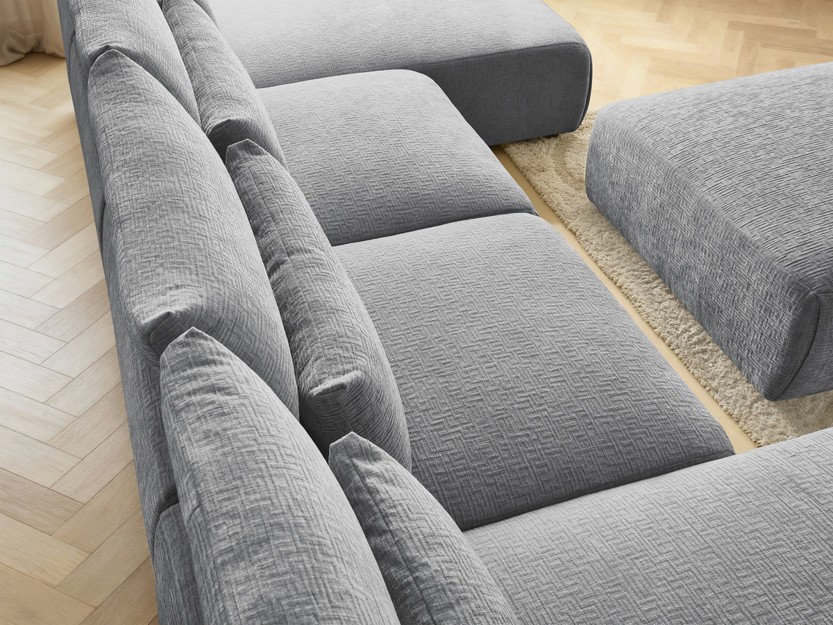 Modulaire vaste panoramabank met hoofdsteunen in JANA-stof met 2 chaise longues, 2 fauteuils en 1 grote poef