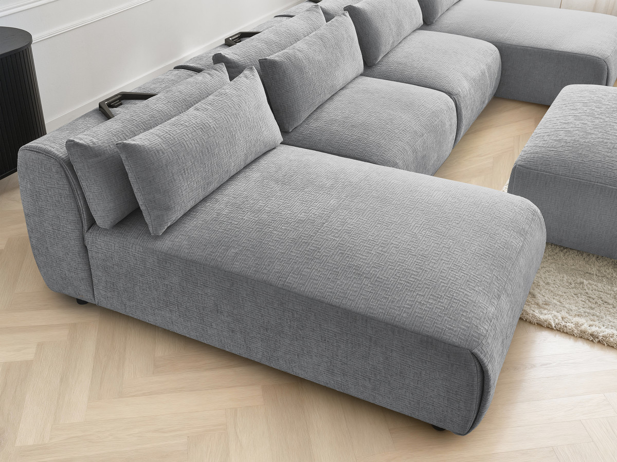 Modulaire vaste panoramabank met hoofdsteunen in JANA-stof met 2 chaise longues, 2 fauteuils en 1 grote poef
