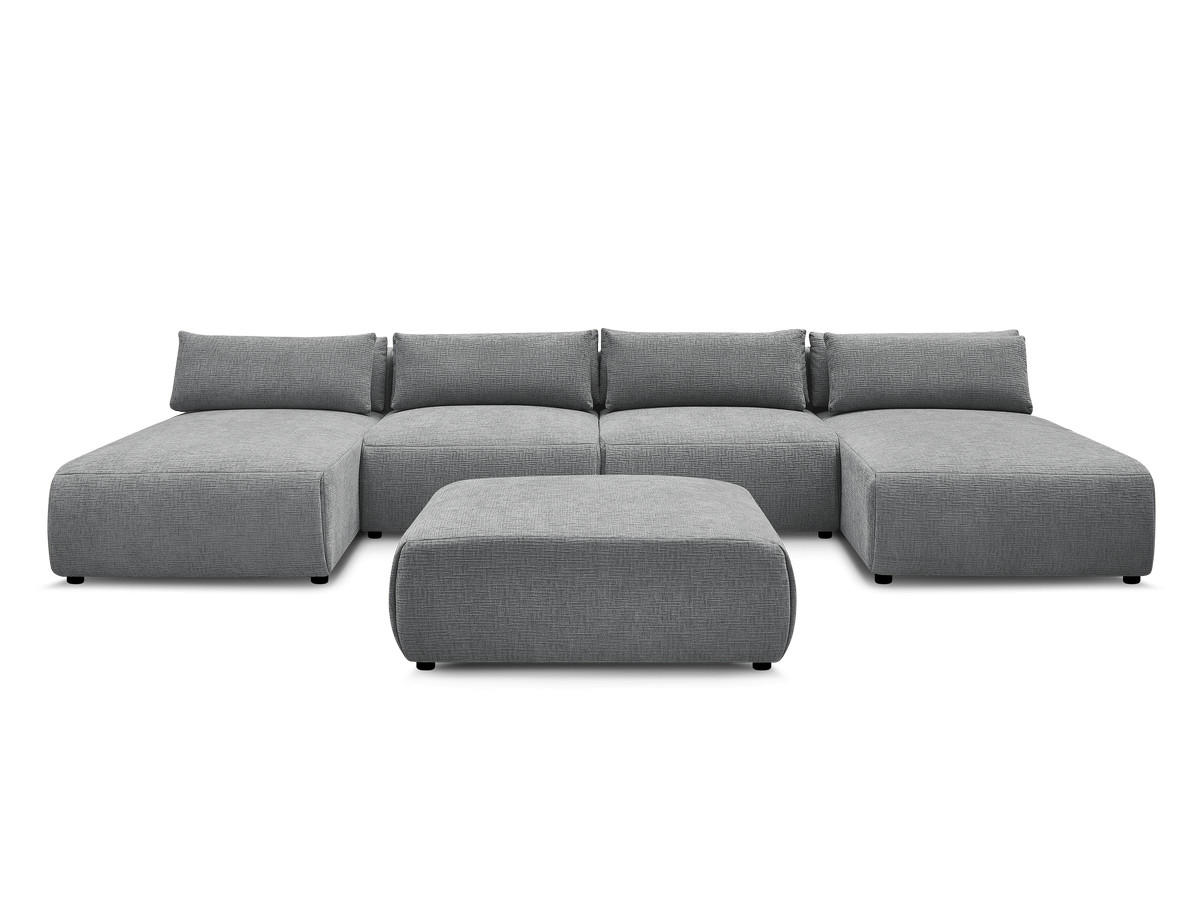 Modulaire vaste panoramabank met hoofdsteunen in JANA-stof met 2 chaise longues, 2 fauteuils en 1 grote poef