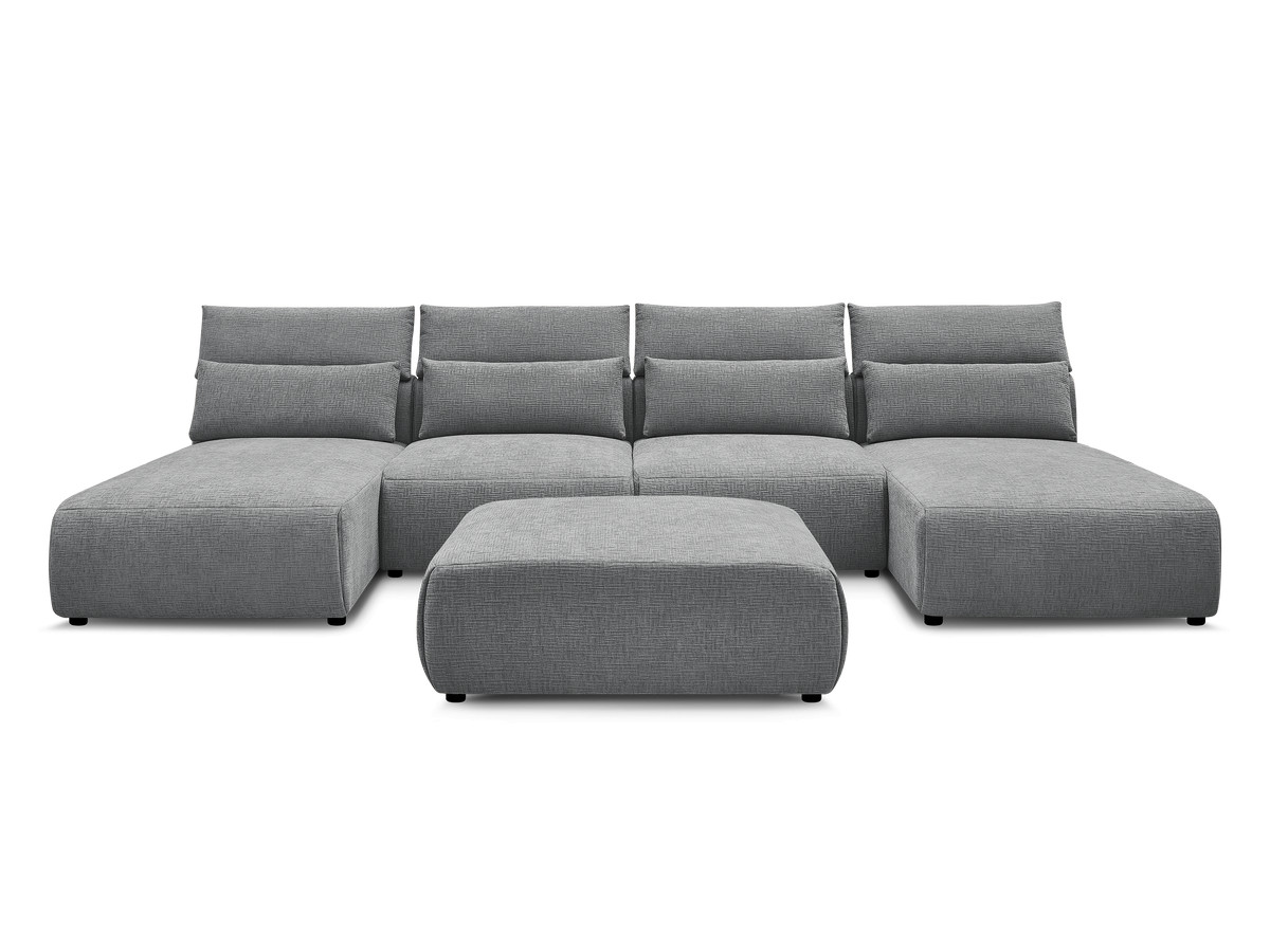 Modulaire vaste panoramabank met hoofdsteunen in JANA-stof met 2 chaise longues, 2 fauteuils en 1 grote poef