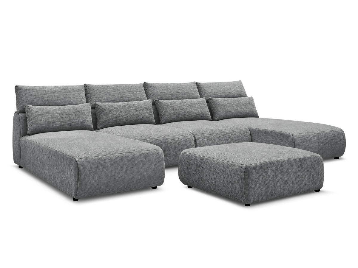 Modulaire vaste panoramabank met hoofdsteunen in JANA-stof met 2 chaise longues, 2 fauteuils en 1 grote poef