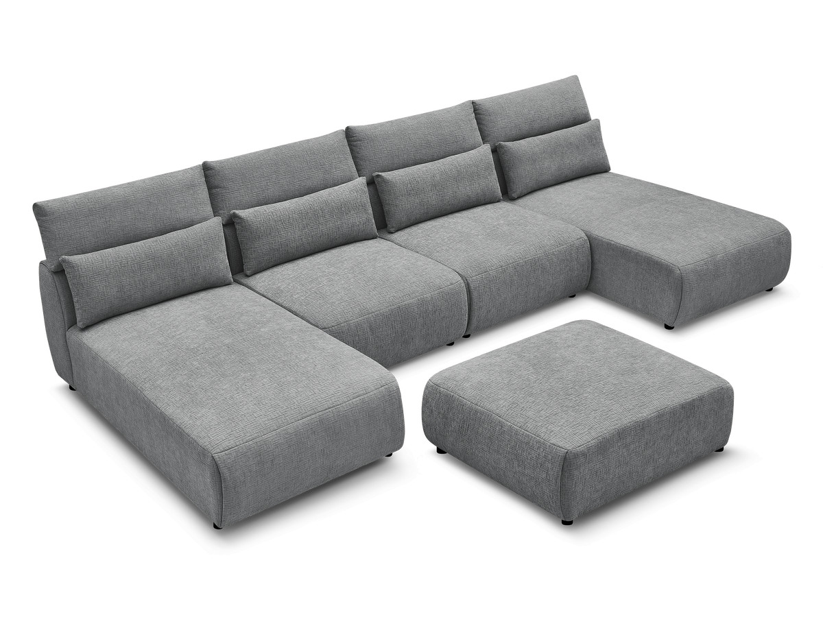 Modulaire vaste panoramabank met hoofdsteunen in JANA-stof met 2 chaise longues, 2 fauteuils en 1 grote poef
