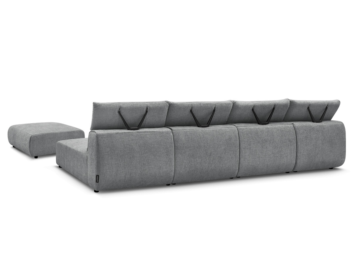 Modulaire vaste panoramabank met hoofdsteunen in JANA-stof met 2 chaise longues, 2 fauteuils en 1 grote poef