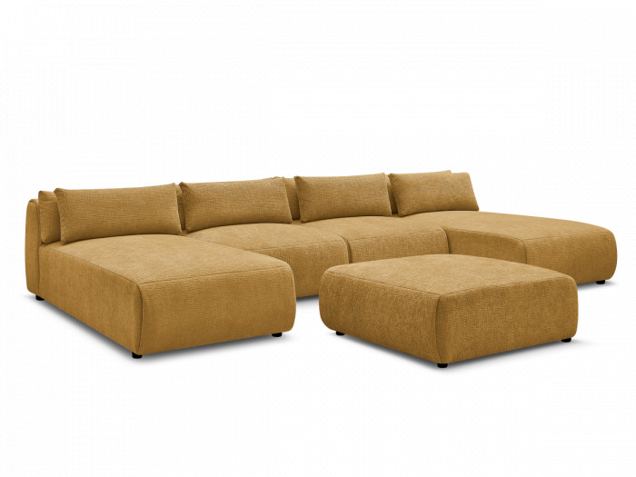 Canapé panoramique fixe modulable avec têtières JANA tissu texturé avec 2 méridiennes, 2 chauffeuses et 1 grand pouf