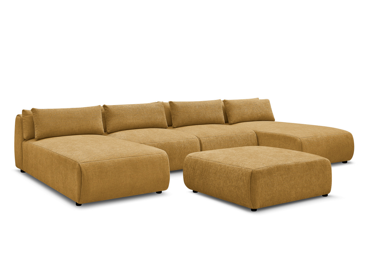 modulaire vaste panoramabank met hoofdsteunen in jana-stof met 2 chaise longues, 2 fauteuils en 1 grote poef gekleurd geel