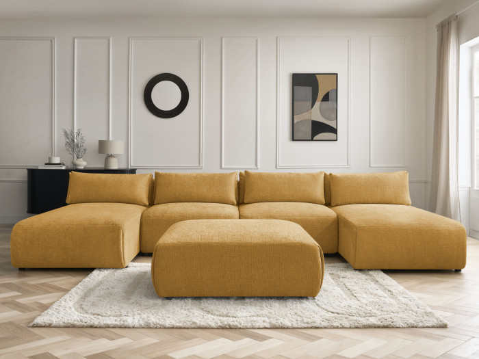 Canapé panoramique fixe modulable avec têtières JANA tissu texturé avec 2 méridiennes, 2 chauffeuses et 1 grand pouf