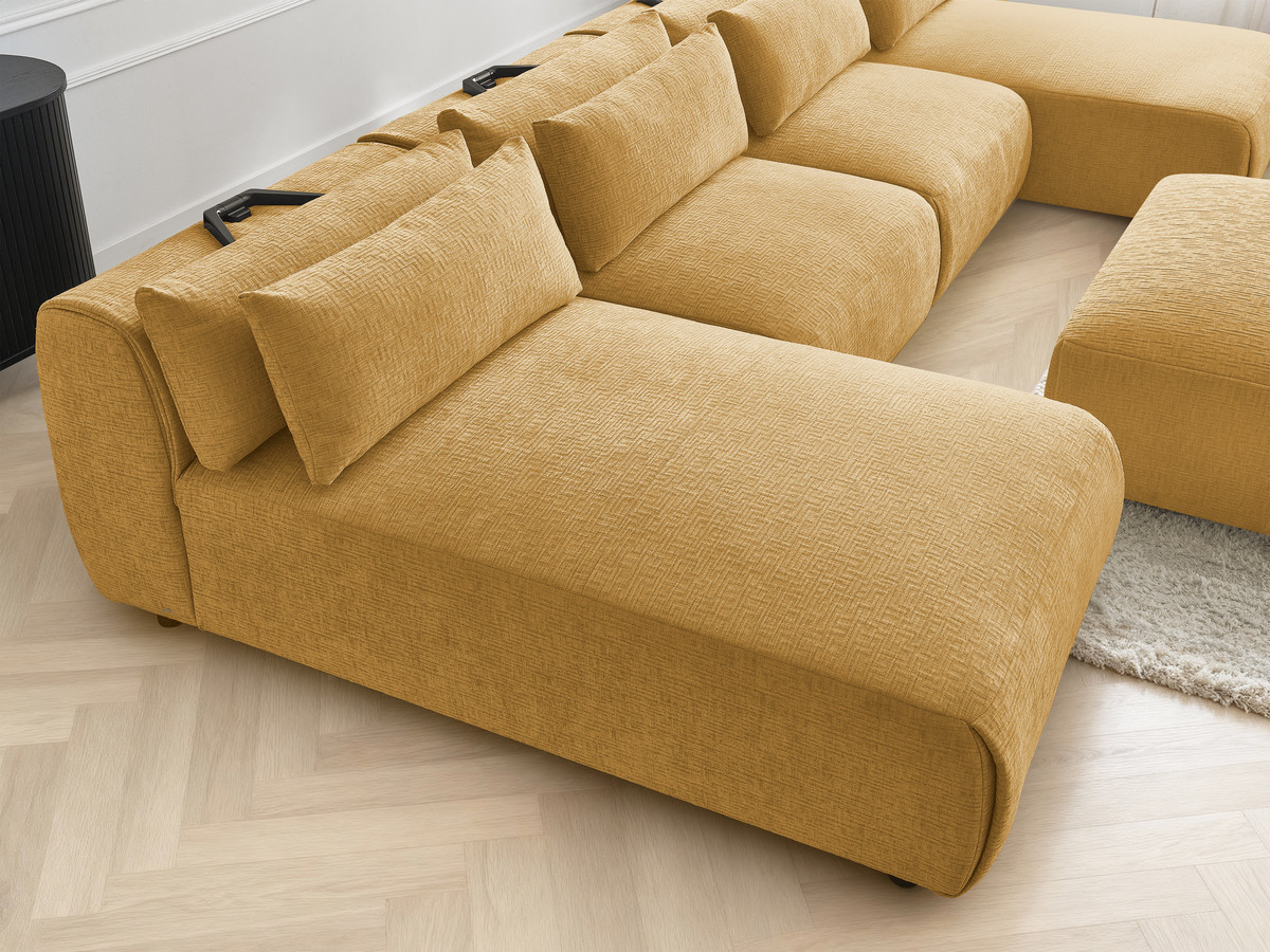 Modulaire vaste panoramabank met hoofdsteunen in JANA-stof met 2 chaise longues, 2 fauteuils en 1 grote poef