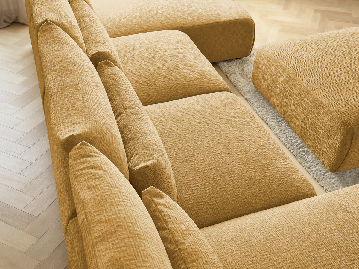 Modulaire vaste panoramabank met hoofdsteunen in JANA-stof met 2 chaise longues, 2 fauteuils en 1 grote poef