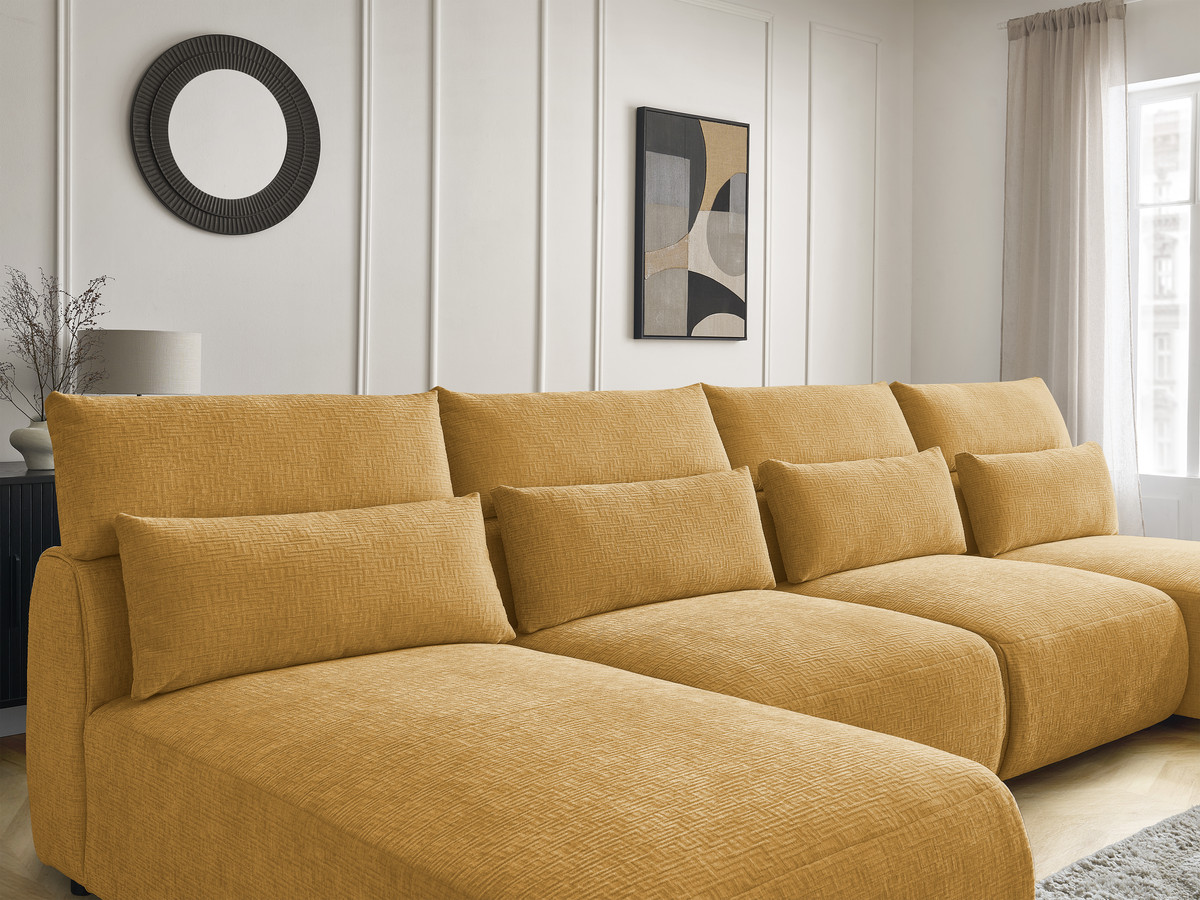 Modulaire vaste panoramabank met hoofdsteunen in JANA-stof met 2 chaise longues, 2 fauteuils en 1 grote poef