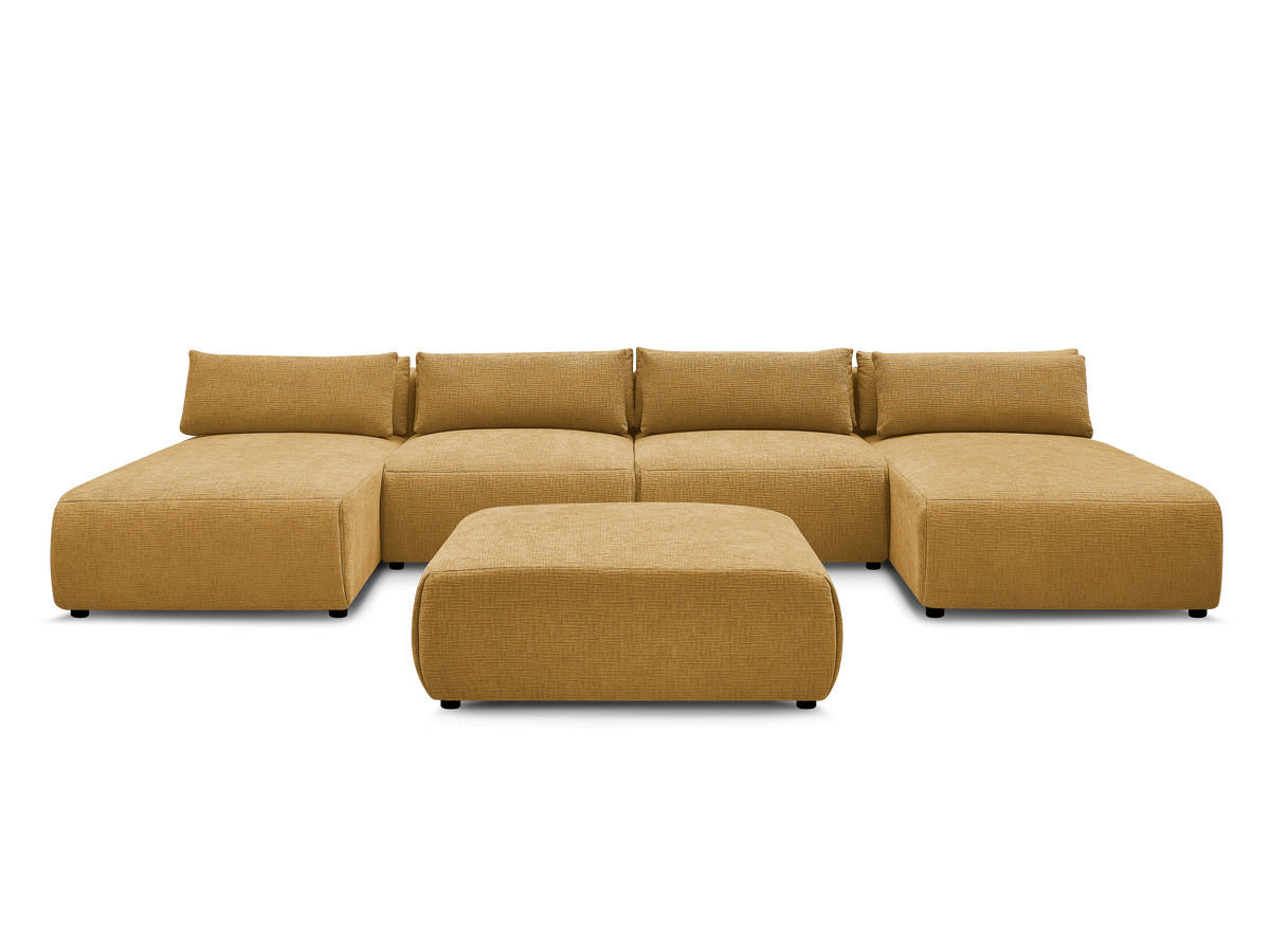 Modulaire vaste panoramabank met hoofdsteunen in JANA-stof met 2 chaise longues, 2 fauteuils en 1 grote poef