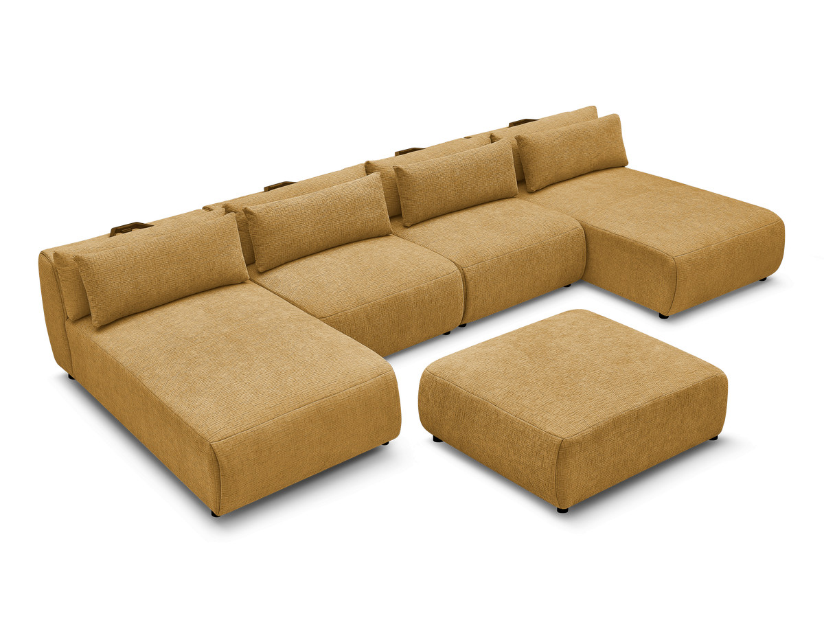 Modulaire vaste panoramabank met hoofdsteunen in JANA-stof met 2 chaise longues, 2 fauteuils en 1 grote poef