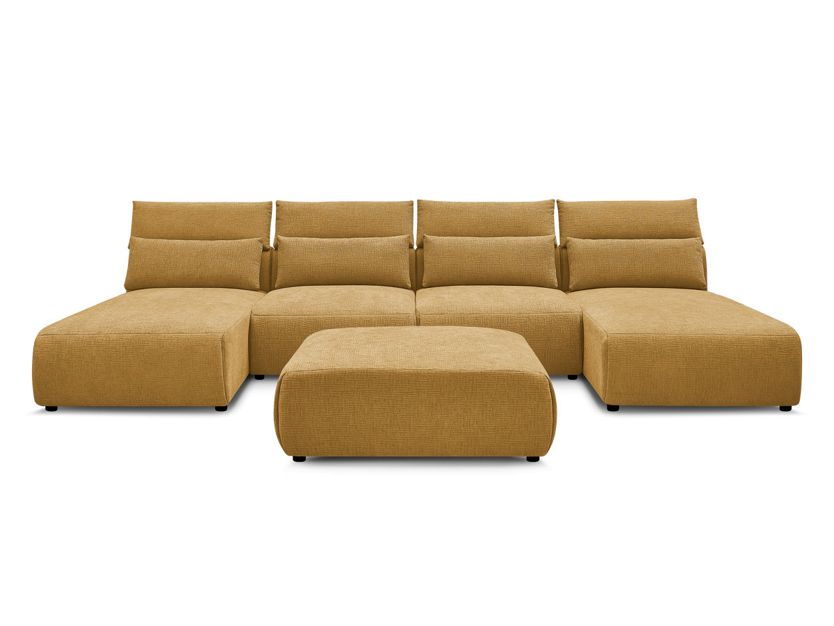 Modulaire vaste panoramabank met hoofdsteunen in JANA-stof met 2 chaise longues, 2 fauteuils en 1 grote poef