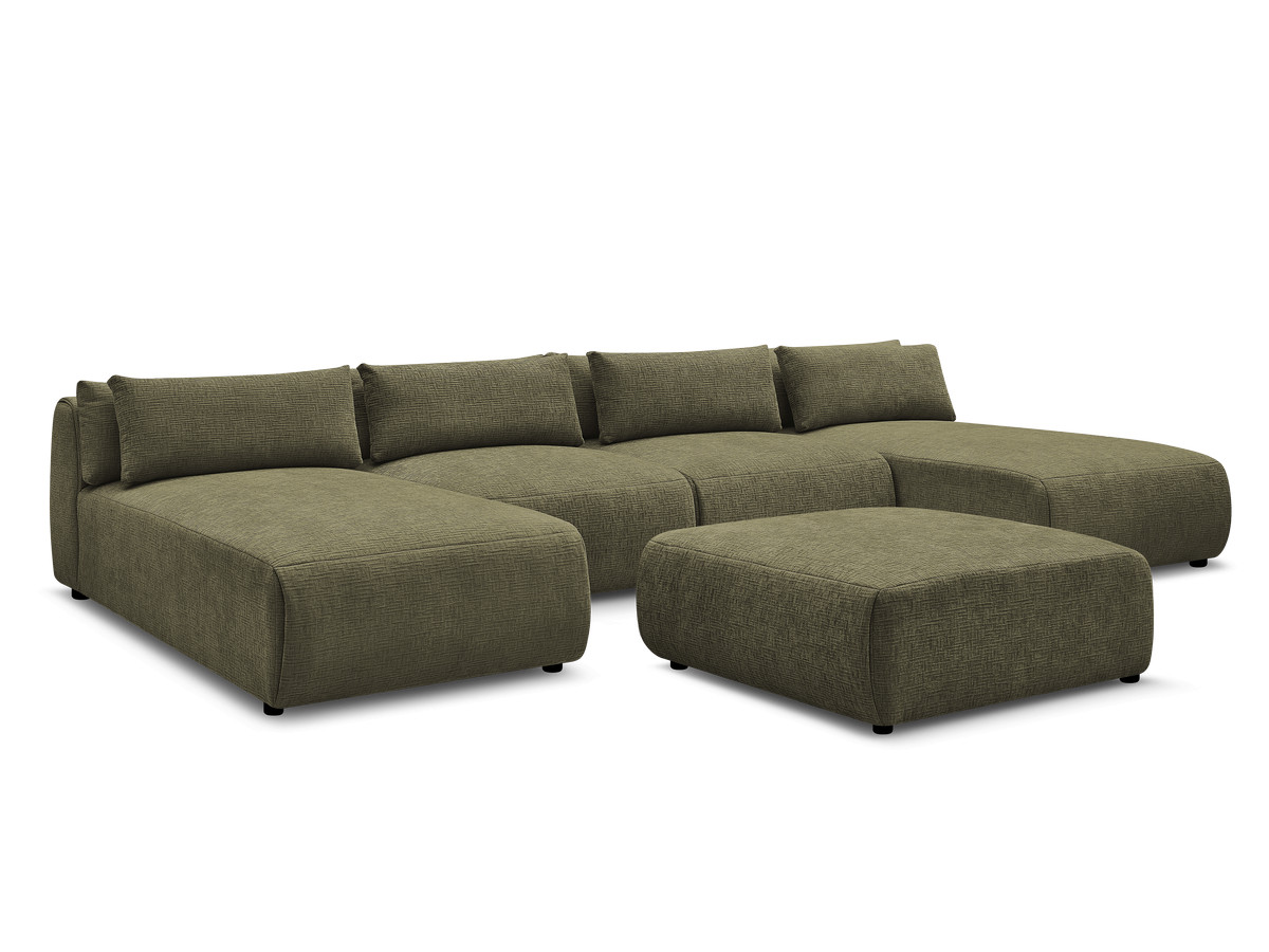 modulaire vaste panoramabank met hoofdsteunen in jana-stof met 2 chaise longues, 2 fauteuils en 1 grote poef gekleurd groente